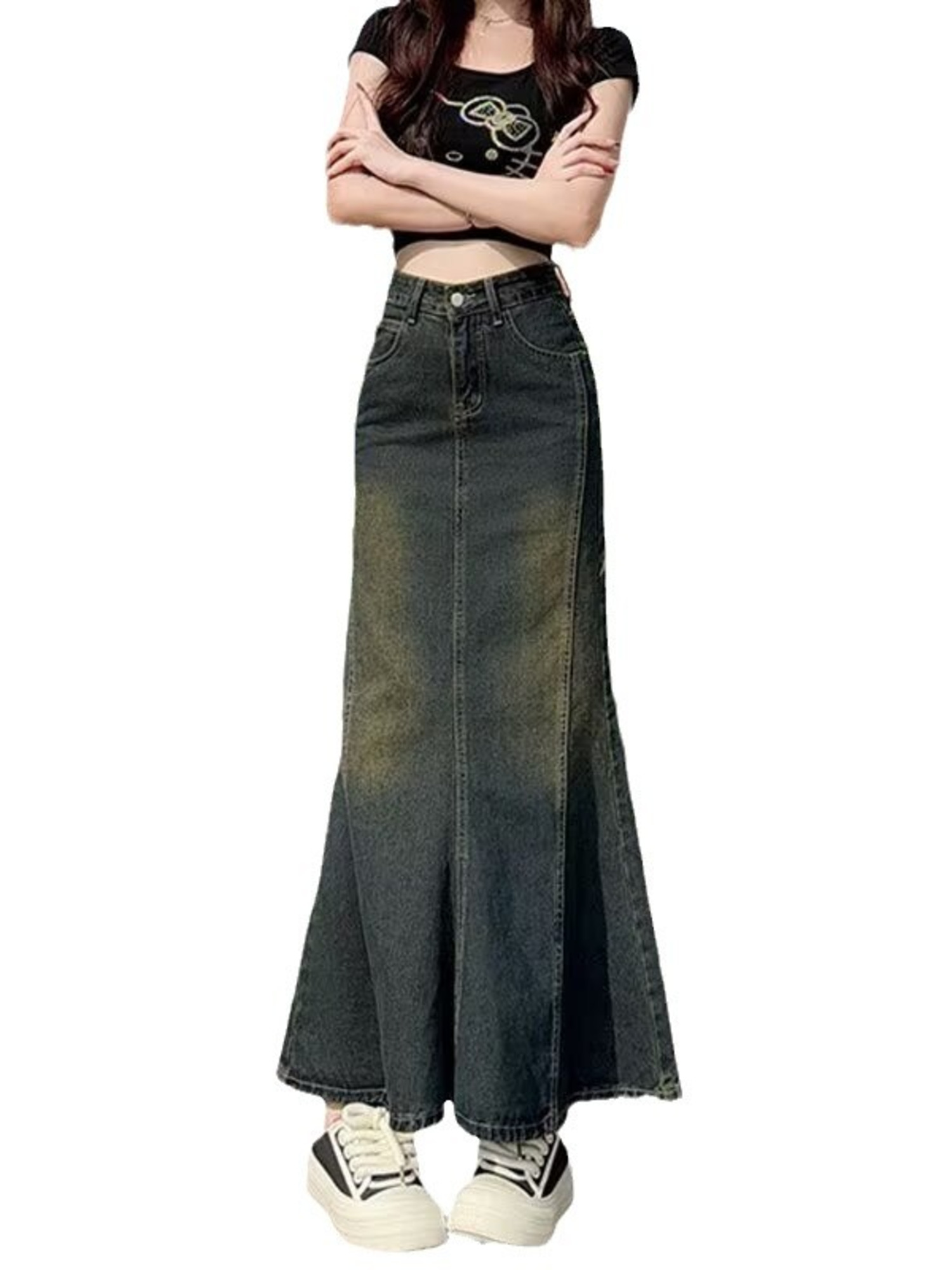 Streetwear Brand Pants - Vintage gewassen denim maxi rok voor